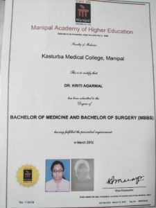 Dr. Kriti Agarwal Best Gynecologist Obstetricians in Kolkata Certificate