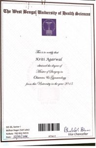 Dr. Kriti Agarwal Best Gynecologist Obstetricians in Kolkata Certificate